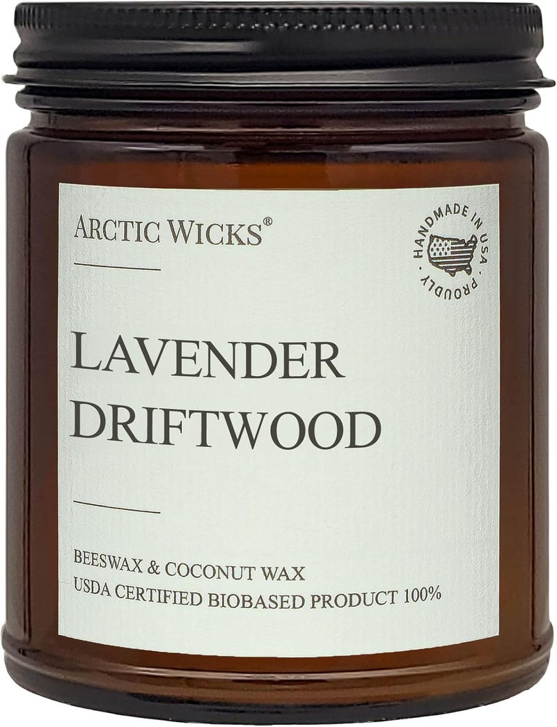 Scented Coconut Beeswax Candles | Coconut Beeswax Non Toxic Candle 9oz Amber | Farmhouse Candles Non-Toxic Clean Burn 100% USDA Certified Biobased (Lavender Driftwood)